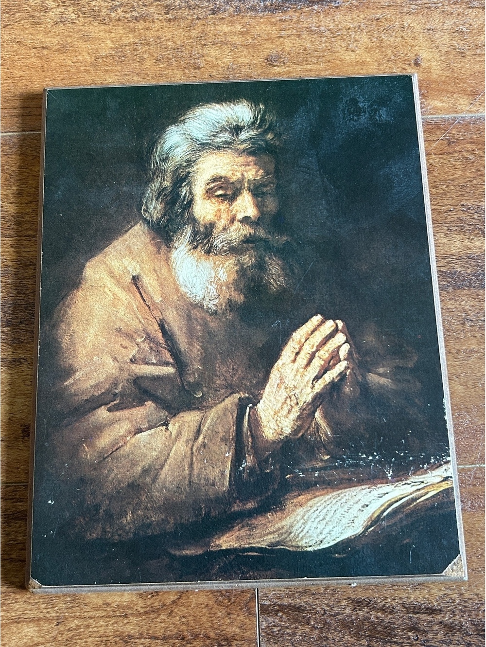 Vintage Religious Plaque Featuring Praying Bearded Man with Book